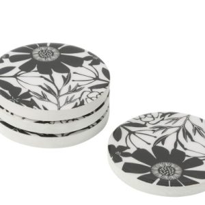 Set 4 Sous-Verre Motif Floral Bois De Manguier Noir/Blanc
