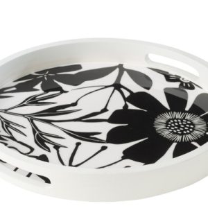 Plateau Rond Avec Des Poignées Motif Floral Bois De Manguier Noir/Blanc