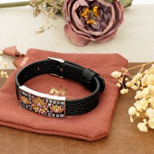 Bracelet cuir croco noir acier et nacre