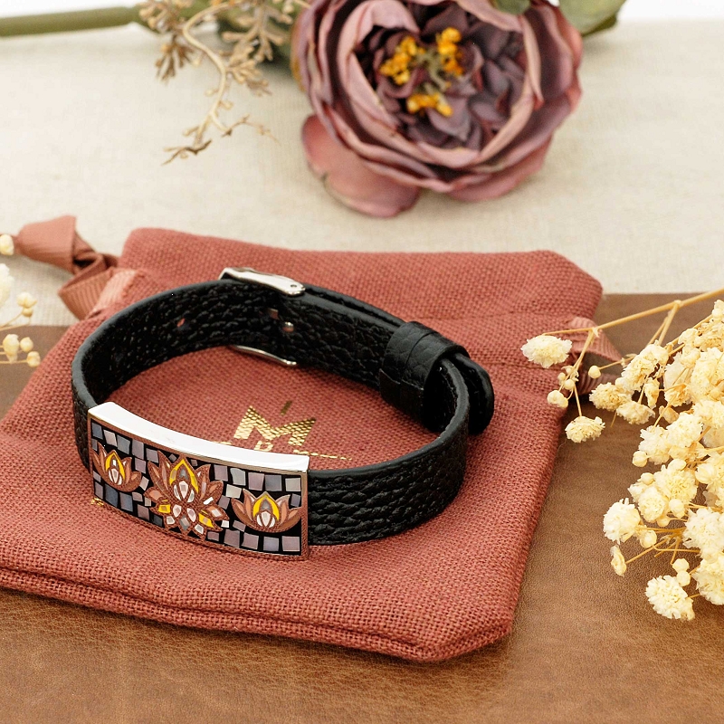 Bracelet cuir croco noir acier et nacre