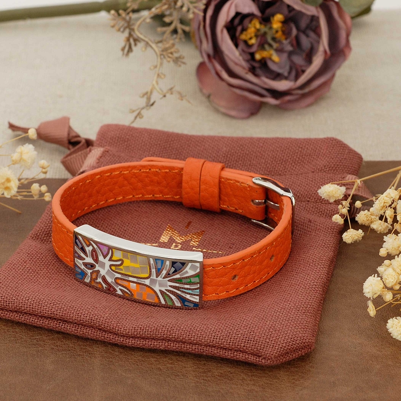 Bracelet cuir orange acier et nacre