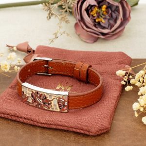 Bracelet cuir croco marron acier et nacre