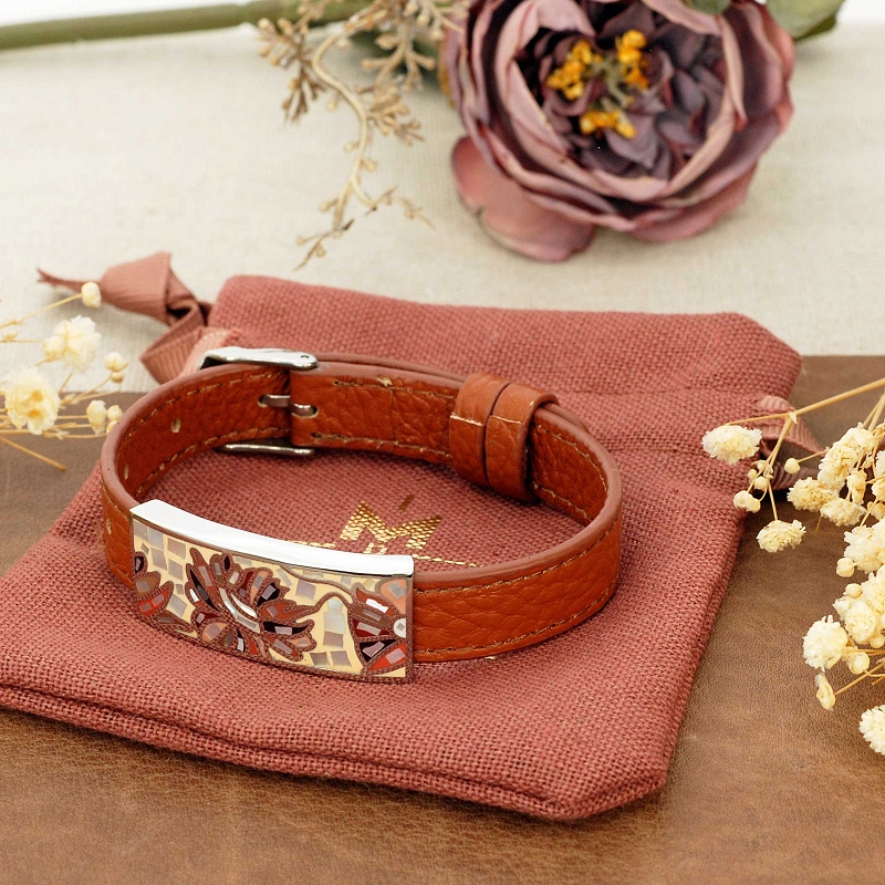 Bracelet cuir croco marron acier et nacre