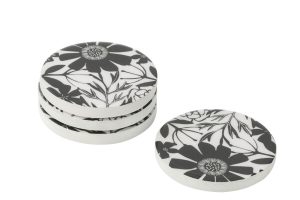 Set 4 Sous-Verre Motif Floral Bois De Manguier Noir/Blanc
