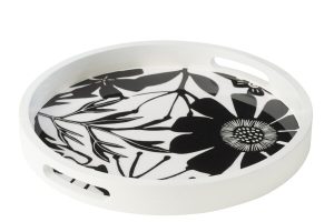 Plateau Rond Avec Des Poignées Motif Floral Bois De Manguier Noir/Blanc