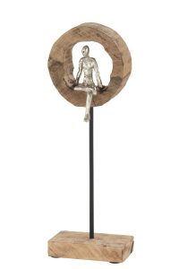 Personnage Pensif Cercle Haut Bois De Manguier/Aluminium Naturel/Argent